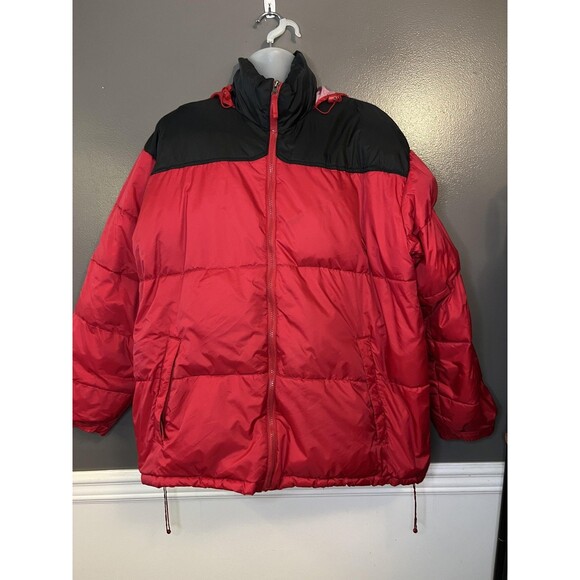 Steve & Barry's Double Down Jacket Mens 2XL Red Black Puffer Hooded Winter Coat - Picture 1 of 16